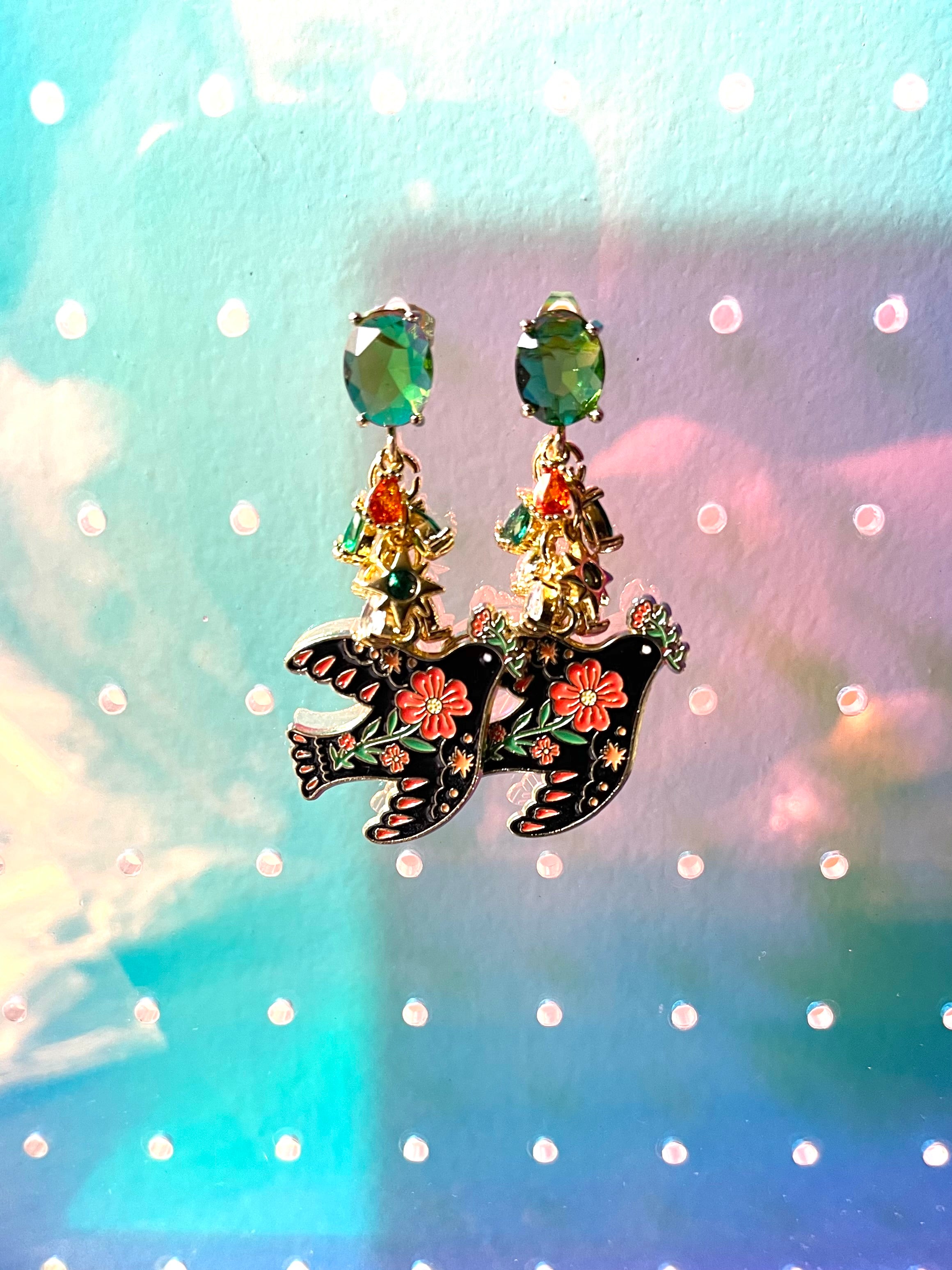 Black + Green + Orange Dove Earrings