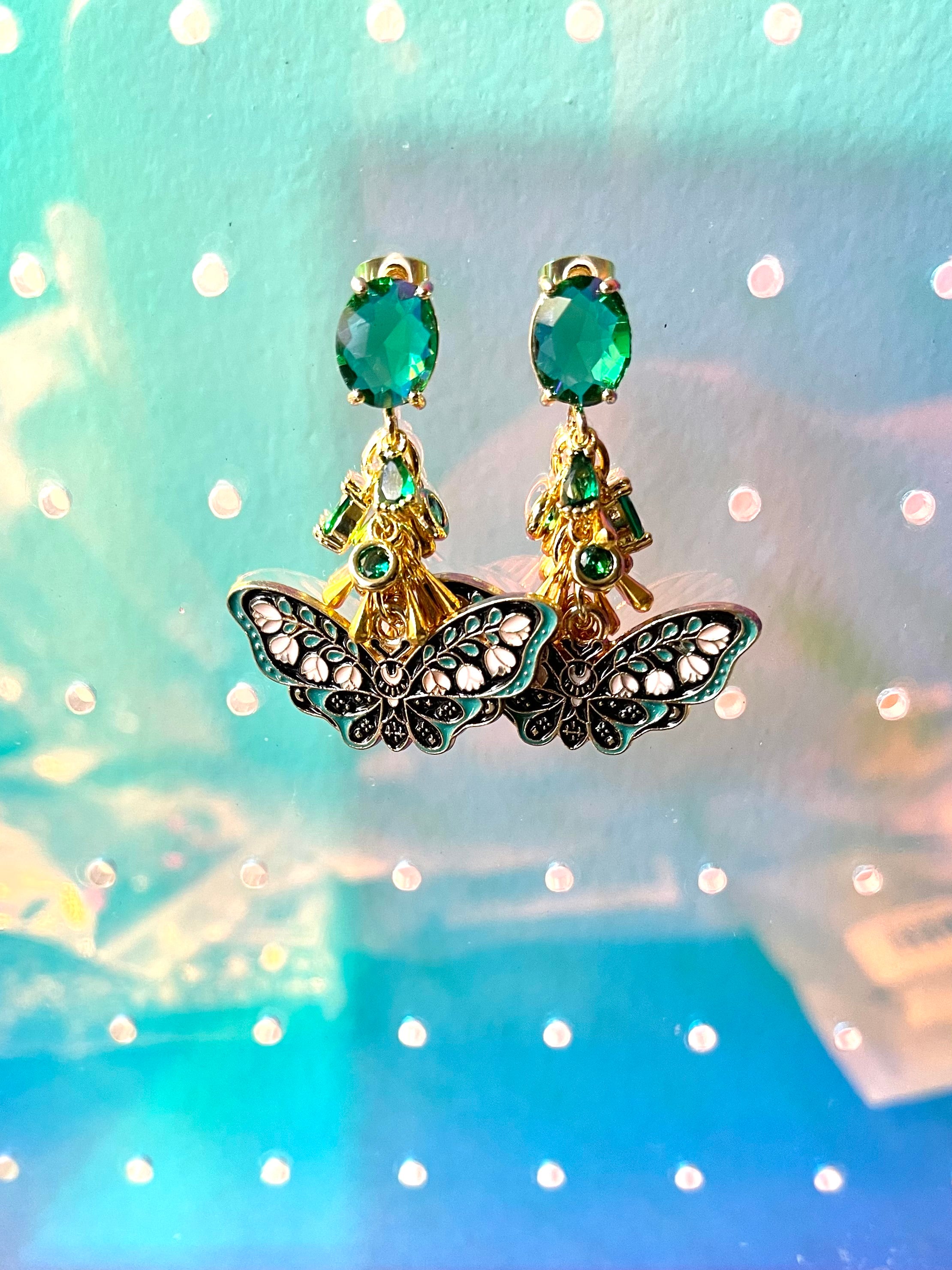 Green + Black Moth Earrings