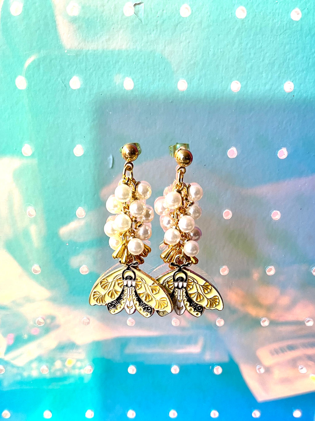 Yellow Moth + Pearl Earrings